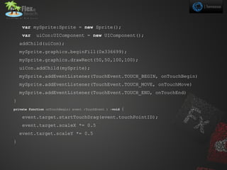 var mySprite:Sprite = new Sprite();
    var    uiCon:UIComponent = new UIComponent();
    addChild(uiCon);
    mySprite.graphics.beginFill(0x336699);
    mySprite.graphics.drawRect(50,50,100,100);
    uiCon.addChild(mySprite);
    mySprite.addEventListener(TouchEvent.TOUCH_BEGIN, onTouchBegin)
    mySprite.addEventListener(TouchEvent.TOUCH_MOVE, onTouchMove)
    mySprite.addEventListener(TouchEvent.TOUCH_END, onTouchEnd)
}
private function onTouchBegin( event :TouchEvent ) :void   {
    event.target.startTouchDrag(event.touchPointID);
    event.target.scaleX *= 0.5
    event.target.scaleY *= 0.5
}
 