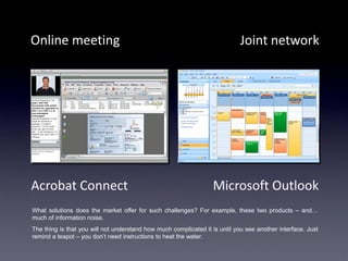 Online meeting                                                               Joint network




Acrobat Connect                                                    Microsoft Outlook
What solutions does the market offer for such challenges? For example, these two products – and…
much of information noise.
The thing is that you will not understand how much complicated it is until you see another interface. Just
remind a teapot – you don‟t need instructions to heat the water.
 