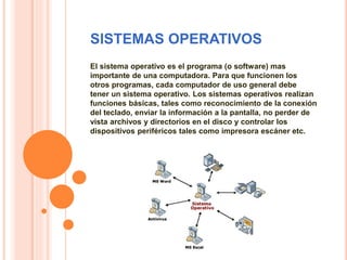 SISTEMAS OPERATIVOS
El sistema operativo es el programa (o software) mas
importante de una computadora. Para que funcionen los
otros programas, cada computador de uso general debe
tener un sistema operativo. Los sistemas operativos realizan
funciones básicas, tales como reconocimiento de la conexión
del teclado, enviar la información a la pantalla, no perder de
vista archivos y directorios en el disco y controlar los
dispositivos periféricos tales como impresora escáner etc.
 