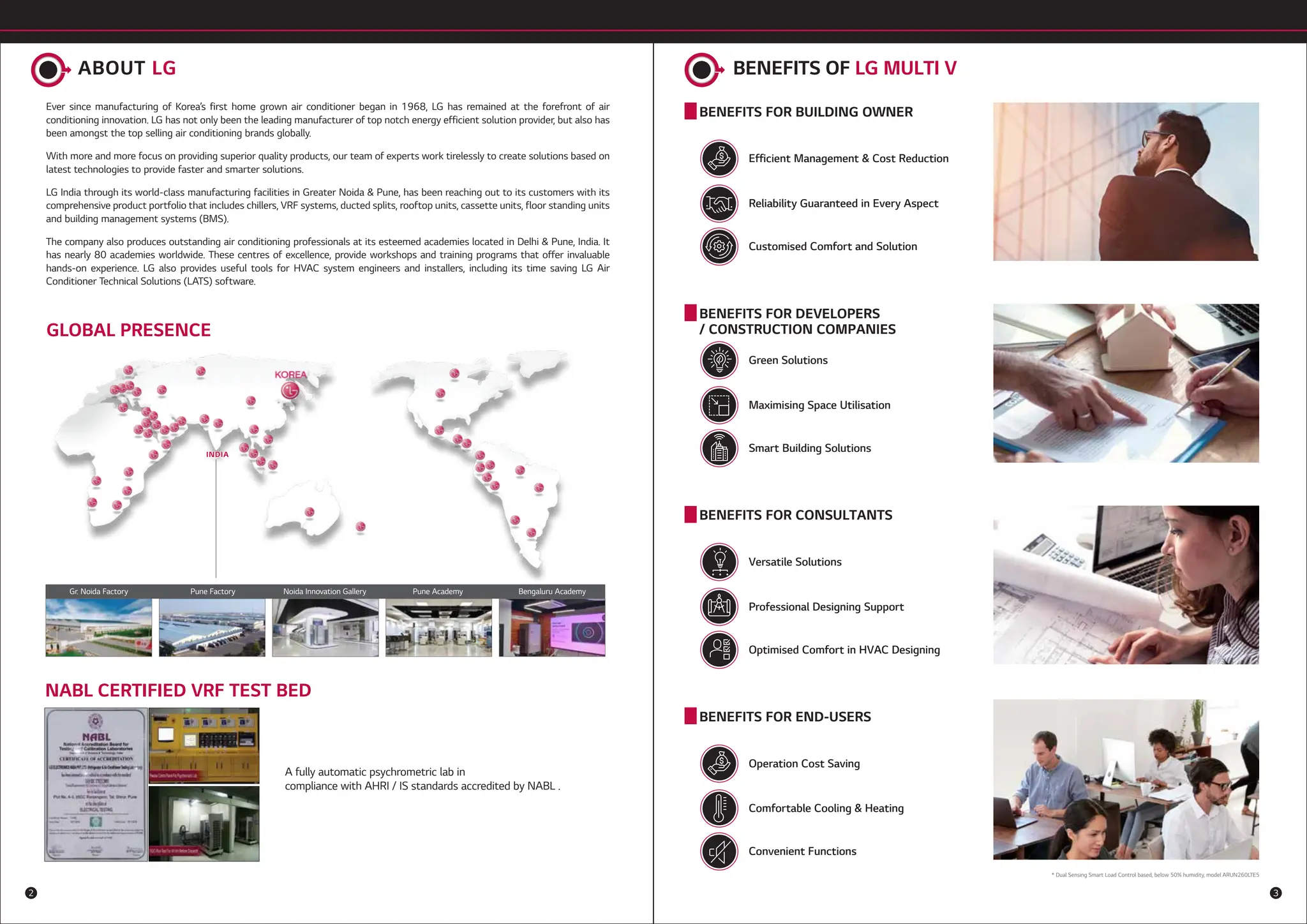 Ever since manufacturing of Korea’s first home grown air conditioner began in 1968, LG has remained at the forefront of air
conditioning innovation. LG has not only been the leading manufacturer of top notch energy efficient solution provider, but also has
been amongst the top selling air conditioning brands globally.
With more and more focus on providing superior quality products, our team of experts work tirelessly to create solutions based on
latest technologies to provide faster and smarter solutions.
LG India through its world-class manufacturing facilities in Greater Noida & Pune, has been reaching out to its customers with its
comprehensive product portfolio that includes chillers, VRF systems, ducted splits, rooftop units, cassette units, floor standing units
and building management systems (BMS).
The company also produces outstanding air conditioning professionals at its esteemed academies located in Delhi & Pune, India. It
has nearly 80 academies worldwide. These centres of excellence, provide workshops and training programs that offer invaluable
hands-on experience. LG also provides useful tools for HVAC system engineers and installers, including its time saving LG Air
Conditioner Technical Solutions (LATS) software.
GLOBAL PRESENCE
NABL CERTIFIED VRF TEST BED
A fully automatic psychrometric lab in
compliance with AHRI / IS standards accredited by NABL .
INDIA
INDIA
ABOUT LG BENEFITS OF LG MULTI V
BENEFITS FOR BUILDING OWNER
Efficient Management & Cost Reduction
Reliability Guaranteed in Every Aspect
Customised Comfort and Solution
BENEFITS FOR DEVELOPERS
/ CONSTRUCTION COMPANIES
Green Solutions
Maximising Space Utilisation
Smart Building Solutions
BENEFITS FOR CONSULTANTS
Versatile Solutions
Professional Designing Support
Optimised Comfort in HVAC Designing
BENEFITS FOR END-USERS
Operation Cost Saving
Comfortable Cooling & Heating
Convenient Functions
* Dual Sensing Smart Load Control based, below 50% humidity, model ARUN260LTE5
HP 16 18 20 22
Model Name
Combination Unit
Independent Unit
Capacity (Rated)
Cooling
kW
kcal/h
Btu/h
kW
JRUV160LTE5 JRUV180LTE5 JRUV200LTE5 JRUV220LTE5
JRUV160LTE5 JRUV180LTE5 JRUV200LTE5 JRUV220LTE5
44.8 50.4 56.0 61.6
38,500 43,300 48,200 53,000
152,900 172,000 191,100 210,200
- - - -
2 3
Noida Innovation Gallery Pune Academy Bengaluru Academy
Pune Factory
Gr. Noida Factory
 