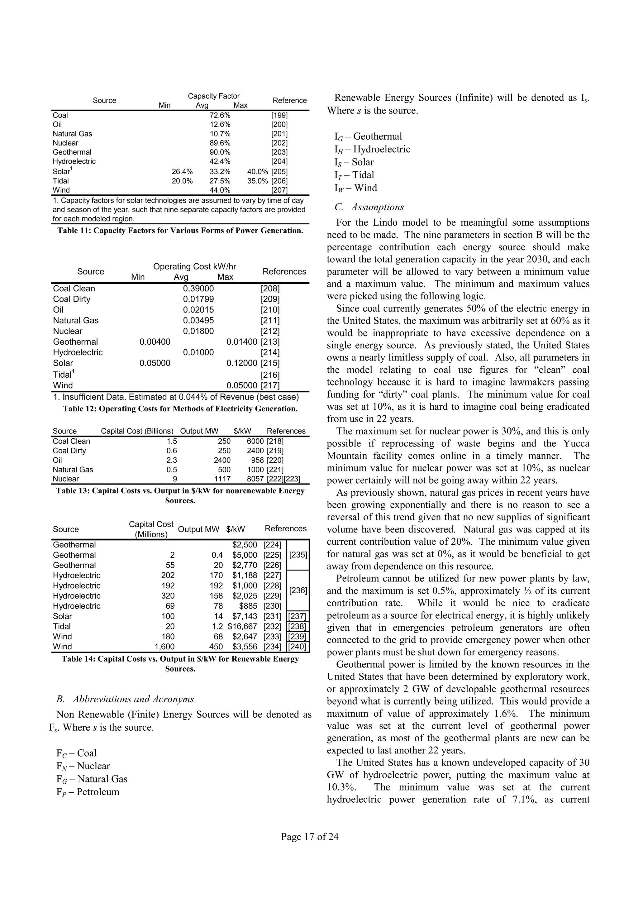 Capacity Factor                        Renewable Energy Sources (Infinite) will be denoted as Is.
            Source                                                   Reference
                                Min          Avg        Max
Coal                                             72.6%              [199]
                                                                                 Where s is the source.
Oil                                              12.6%              [200]
Natural Gas                                      10.7%              [201]         IG – Geothermal
Nuclear                                          89.6%              [202]
Geothermal                                       90.0%              [203]         IH – Hydroelectric
Hydroelectric
      1
                                                 42.4%              [204]         IS – Solar
Solar                                 26.4%      33.2%     40.0% [205]
                                                                                  IT – Tidal
Tidal                                 20.0%      27.5%     35.0% [206]
Wind                                             44.0%              [207]         IW – Wind
1. Capacity factors for solar technologies are assumed to vary by time of day
and season of the year, such that nine separate capacity factors are provided      C. Assumptions
for each modeled region.
                                                                                   For the Lindo model to be meaningful some assumptions
 Table 11: Capacity Factors for Various Forms of Power Generation.
                                                                                 need to be made. The nine parameters in section B will be the
                                                                                 percentage contribution each energy source should make
                                                                                 toward the total generation capacity in the year 2030, and each
                             Operating Cost kW/hr
       Source
                        Min       Avg        Max
                                                                References       parameter will be allowed to vary between a minimum value
Coal Clean                          0.39000              [208]
                                                                                 and a maximum value. The minimum and maximum values
Coal Dirty                          0.01799              [209]                   were picked using the following logic.
Oil                                 0.02015              [210]                     Since coal currently generates 50% of the electric energy in
Natural Gas                         0.03495              [211]                   the United States, the maximum was arbitrarily set at 60% as it
Nuclear                             0.01800              [212]                   would be inappropriate to have excessive dependence on a
Geothermal                0.00400             0.01400    [213]                   single energy source. As previously stated, the United States
Hydroelectric                       0.01000              [214]
                                                                                 owns a nearly limitless supply of coal. Also, all parameters in
Solar                     0.05000             0.12000    [215]
Tidal
      1
                                                         [216]
                                                                                 the model relating to coal use figures for “clean” coal
Wind                                           0.05000 [217]                     technology because it is hard to imagine lawmakers passing
1. Insufficient Data. Estimated at 0.044% of Revenue (best case)                 funding for “dirty” coal plants. The minimum value for coal
   Table 12: Operating Costs for Methods of Electricity Generation.              was set at 10%, as it is hard to imagine coal being eradicated
                                                                                 from use in 22 years.
Source        Capital Cost (Billions) Output MW    $/kW     References             The maximum set for nuclear power is 30%, and this is only
Coal Clean                         1.5         250    6000 [218]                 possible if reprocessing of waste begins and the Yucca
Coal Dirty                         0.6         250    2400 [219]
Oil                                2.3        2400      958 [220]                Mountain facility comes online in a timely manner. The
Natural Gas                        0.5         500    1000 [221]                 minimum value for nuclear power was set at 10%, as nuclear
Nuclear                              9        1117    8057 [222][223]            power certainly will not be going away within 22 years.
 Table 13: Capital Costs vs. Output in $/kW for nonrenewable Energy                As previously shown, natural gas prices in recent years have
                               Sources.
                                                                                 been growing exponentially and there is no reason to see a
                                                                                 reversal of this trend given that no new supplies of significant
                    Capital Cost
Source                             Output MW $/kW        References              volume have been discovered. Natural gas was capped at its
                      (Millions)
Geothermal                                       $2,500 [224]                    current contribution value of 20%. The minimum value given
Geothermal                       2          0.4 $5,000 [225] [235]               for natural gas was set at 0%, as it would be beneficial to get
Geothermal                      55          20 $2,770 [226]                      away from dependence on this resource.
Hydroelectric                  202         170 $1,188 [227]                        Petroleum cannot be utilized for new power plants by law,
Hydroelectric                  192         192 $1,000 [228]
Hydroelectric                  320         158 $2,025 [229]
                                                               [236]             and the maximum is set 0.5%, approximately ½ of its current
Hydroelectric                   69          78     $885 [230]                    contribution rate. While it would be nice to eradicate
Solar                          100          14 $7,143 [231] [237]                petroleum as a source for electrical energy, it is highly unlikely
Tidal                           20          1.2 $16,667 [232] [238]              given that in emergencies petroleum generators are often
Wind                           180          68 $2,647 [233] [239]                connected to the grid to provide emergency power when other
Wind                         1,600         450 $3,556 [234] [240]
                                                                                 power plants must be shut down for emergency reasons.
  Table 14: Capital Costs vs. Output in $/kW for Renewable Energy
                                Sources.                                           Geothermal power is limited by the known resources in the
                                                                                 United States that have been determined by exploratory work,
                                                                                 or approximately 2 GW of developable geothermal resources
  B. Abbreviations and Acronyms                                                  beyond what is currently being utilized. This would provide a
  Non Renewable (Finite) Energy Sources will be denoted as                       maximum of value of approximately 1.6%. The minimum
Fs. Where s is the source.                                                       value was set at the current level of geothermal power
                                                                                 generation, as most of the geothermal plants are new can be
 FC – Coal                                                                       expected to last another 22 years.
 FN – Nuclear                                                                      The United States has a known undeveloped capacity of 30
 FG – Natural Gas                                                                GW of hydroelectric power, putting the maximum value at
 FP – Petroleum                                                                  10.3%.      The minimum value was set at the current
                                                                                 hydroelectric power generation rate of 7.1%, as current


                                                                      Page 17 of 24
 