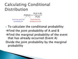  To calculate the conditional probability:
Find the joint probability of A and B
Find the marginal probability of the event
that has already occurred (Event A)
Divide the joint probability by the marginal
probability
 
