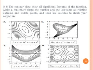 27
5–8 The contour plots show all signiﬁcant features of the function.
Make a conjecture about the number and the locationof all relative
extrema and saddle points, and then use calculus to check your
conjecture.
 