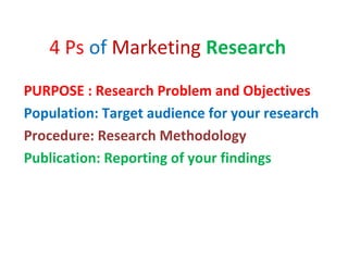 4 Ps of Marketing Research
PURPOSE : Research Problem and Objectives
Population: Target audience for your research
Procedure: Research Methodology
Publication: Reporting of your findings
 