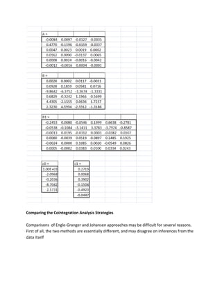 Comparing the Cointegration Analysis Strategies 
Comparisons of Engle-Granger and Johansen approaches may be difficult for several reasons. First of all, the two methods are essentially different, and may disagree on inferences from the data itself 
 