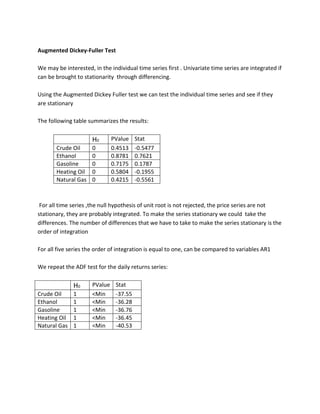 Augmented Dickey-Fuller Test 
We may be interested, in the individual time series first . Univariate time series are integrated if can be brought to stationarity through differencing. 
Using the Augmented Dickey Fuller test we can test the individual time series and see if they are stationary 
The following table summarizes the results: 
H0 
PValue 
Stat 
Crude Oil 
0 
0.4513 
-0.5477 
Ethanol 
0 
0.8781 
0.7621 
Gasoline 
0 
0.7175 
0.1787 
Heating Oil 
0 
0.5804 
-0.1955 
Natural Gas 
0 
0.4215 
-0.5561 
For all time series ,the null hypothesis of unit root is not rejected, the price series are not stationary, they are probably integrated. To make the series stationary we could take the differences. The number of differences that we have to take to make the series stationary is the order of integration 
For all five series the order of integration is equal to one, can be compared to variables AR1 
We repeat the ADF test for the daily returns series: 
H0 
PValue 
Stat 
Crude Oil 
1 
<Min 
-37.55 
Ethanol 
1 
<Min 
-36.28 
Gasoline 
1 
<Min 
-36.76 
Heating Oil 
1 
<Min 
-36.45 
Natural Gas 
1 
<Min 
-40.53 
 
