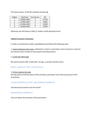 The lowest values of the AIC indicates the best lag. 
VAR(p) 
Likelihood 
NumParam 
AIC 
1 
1.5890e+004 
5 
-31770 
2 
1.5936e+004 
5 
-31862 
3 
1.6109e+004 
5 
-32208 
4 
1.6188e+004 
5 
-32366 
Obviously, we will choose a VAR (1), model, ie with lag equal to one. 
VAR(1) Parameters Estimation 
In order to estimate the model using Matlab we will follow the following steps: 
1. import stationary time series, collected in a matrix in excel with a series of returns in each of the columns and a number of rows equal to the observations. 
2. Create the VAR model 
We want to build a VAR model with one lag , a constant and five series: 
Model = vgxset('n',5,'nAR',1,'Constant',true) 
3. Fit the model to the data 
We also want to find the values of the constants, parameters and of the covariances of the innovations: 
[EstSpec,EstStdErrors,LLF,W] = vgxvarx(Model, DataMatrix); 
and obviously we want to see the results 
vgxdisp(EstSpec,EstStdErrors) 
Then we obtain the estimates of the parameters: 
 