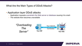 © 2015 Imperva, Inc. All rights reserved.
What Are the Main Types of DDoS Attacks?
12
• Application layer DDoS attacks
– Application requests overwhelm the Web server or database causing it to crash
– The website then becomes unavailable
“Overloading
The
Server” Your Site
Your Internet
Connection
Your ISP
Application layer requests
 