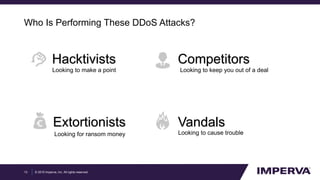 © 2015 Imperva, Inc. All rights reserved.
Who Is Performing These DDoS Attacks?
13
Extortionists
Looking for ransom money
Vandals
Looking to cause trouble
Hacktivists
Looking to make a point
Competitors
Looking to keep you out of a deal
 