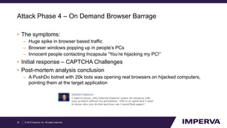 © 2015 Imperva, Inc. All rights reserved.
Attack Phase 4 – On Demand Browser Barrage
• The symptoms:
– Huge spike in browser based traffic
– Browser windows popping up in people’s PCs
– Innocent people contacting Incapsula “You’re hijacking my PC!”
• Initial response – CAPTCHA Challenges
• Post-mortem analysis conclusion
– A PushDo botnet with 20k bots was opening real browsers on hijacked computers,
pointing them at the target application
25
 