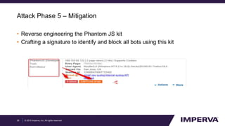 © 2015 Imperva, Inc. All rights reserved.
Attack Phase 5 – Mitigation
• Reverse engineering the Phantom JS kit
• Crafting a signature to identify and block all bots using this kit
29
 