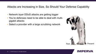 © 2015 Imperva, Inc. All rights reserved.
Attacks are Increasing in Size, So Should Your Defense Capability
• Network layer DDoS attacks are getting bigger
• You’re defenses need to be able to deal with multi-
gigabit attacks
• Select a provider with a large scrubbing network
33
Past Present
 