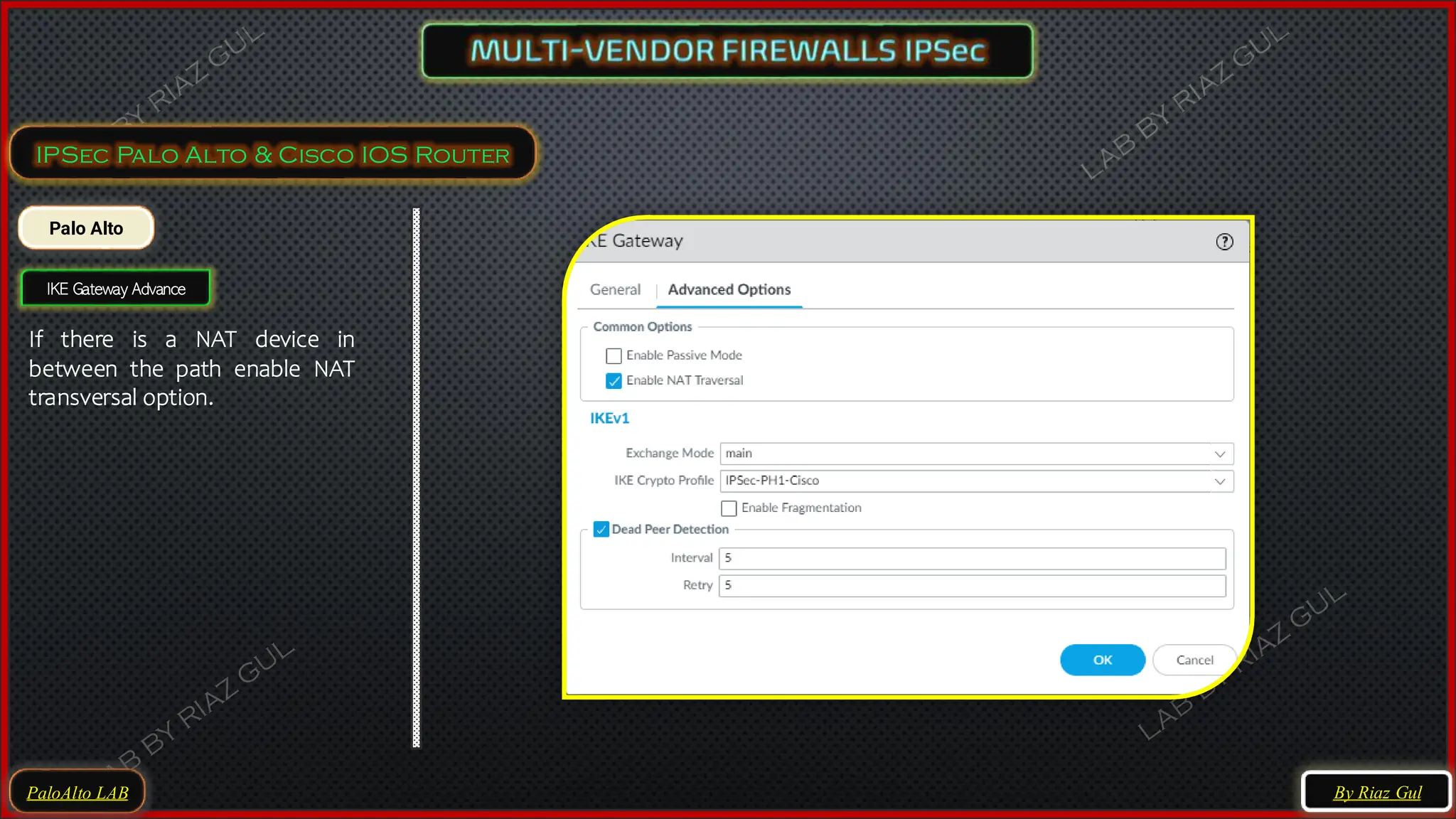 PaloAlto LAB
IPSec Palo Alto & Cisco IOS Router
Palo Alto
IKE Gateway Advance
If there is a NAT device in
between the path enable NAT
transversal option.
By Riaz Gul
 
