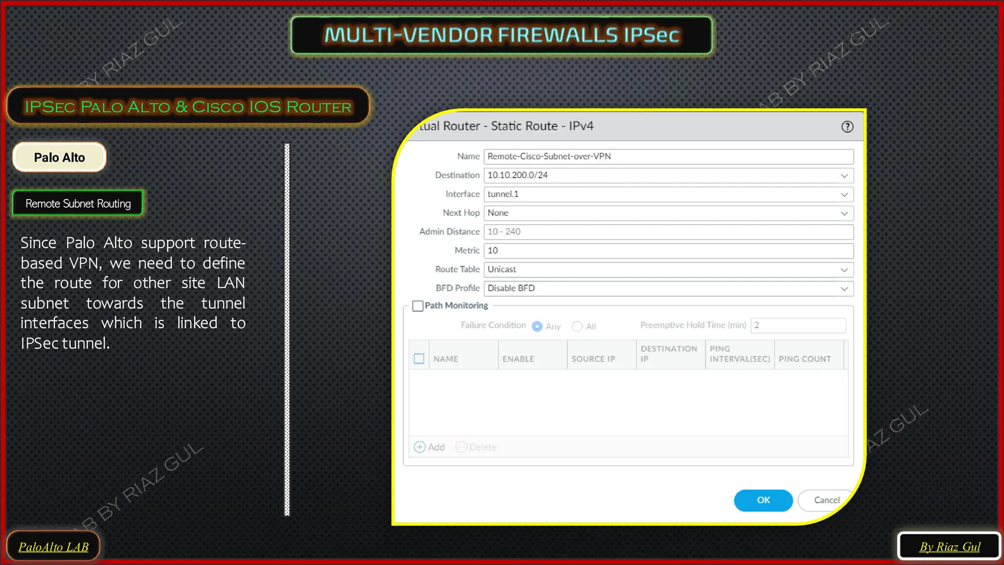 PaloAlto LAB
IPSec Palo Alto & Cisco IOS Router
Palo Alto
Remote Subnet Routing
Since Palo Alto support route-
based VPN, we need to define
the route for other site LAN
subnet towards the tunnel
interfaces which is linked to
IPSec tunnel.
By Riaz Gul
 