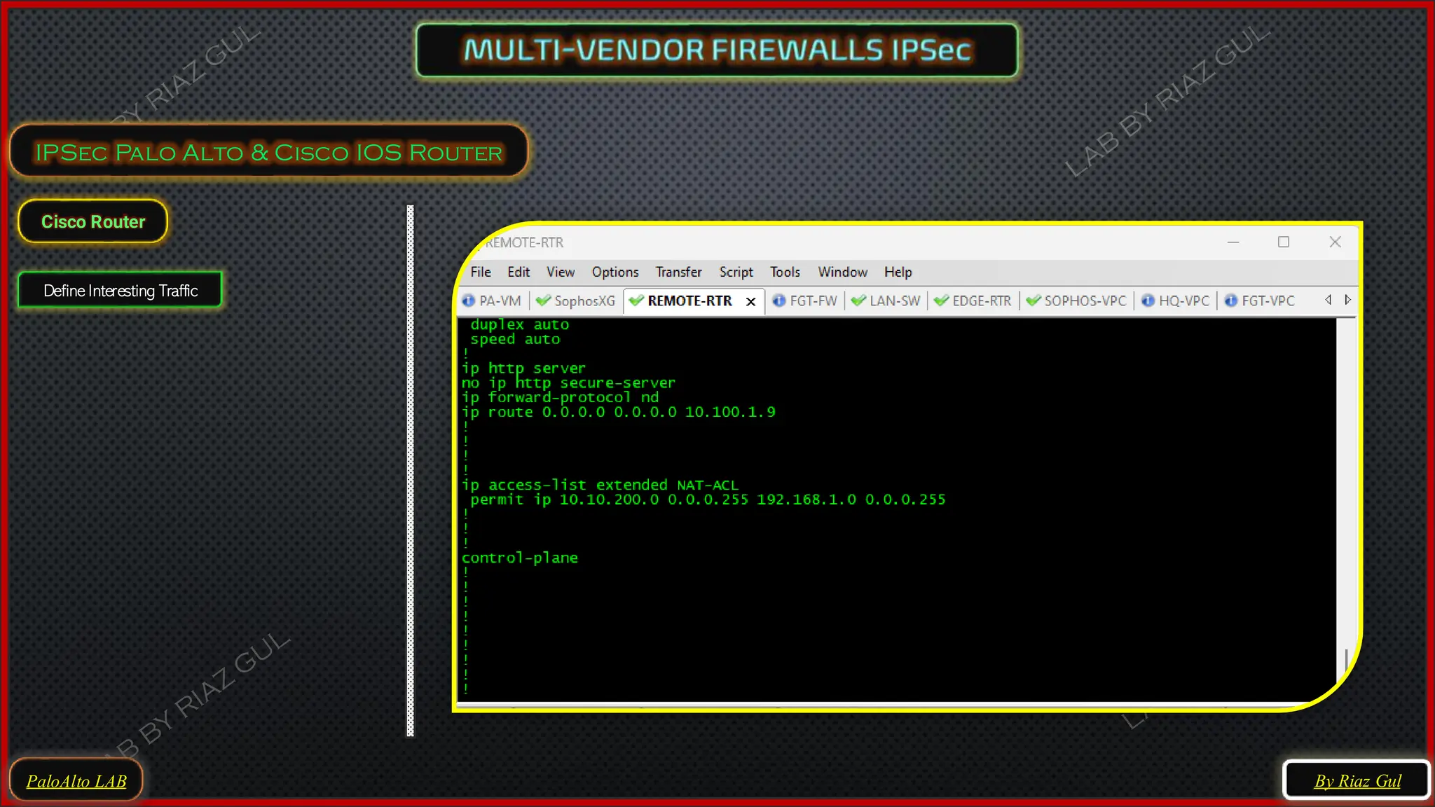 PaloAlto LAB
IPSec Palo Alto & Cisco IOS Router
Define Interesting Traffic
Cisco Router
By Riaz Gul
 