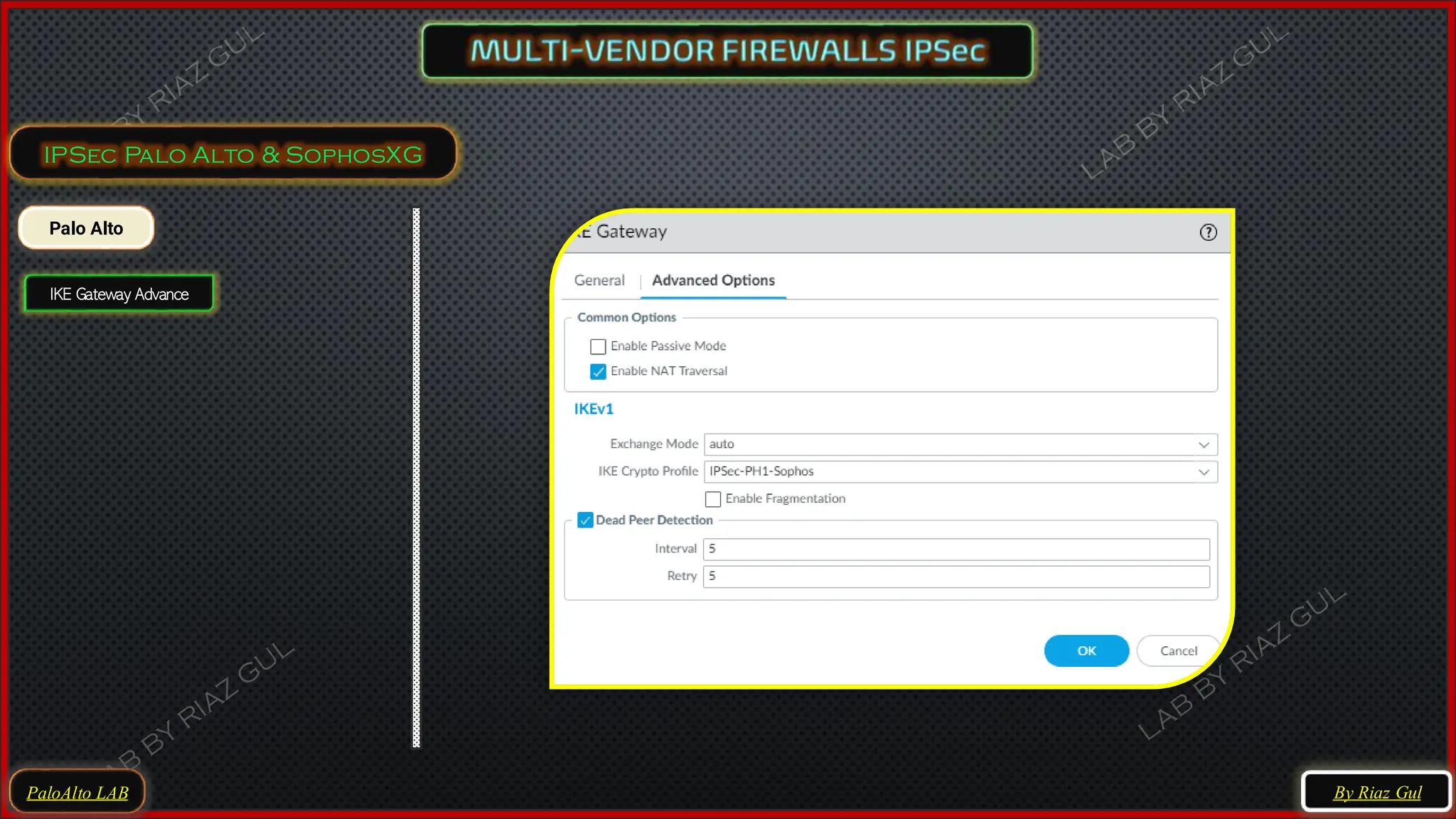 PaloAlto LAB
IPSec Palo Alto & SophosXG
By Riaz Gul
Palo Alto
IKE Gateway Advance
 