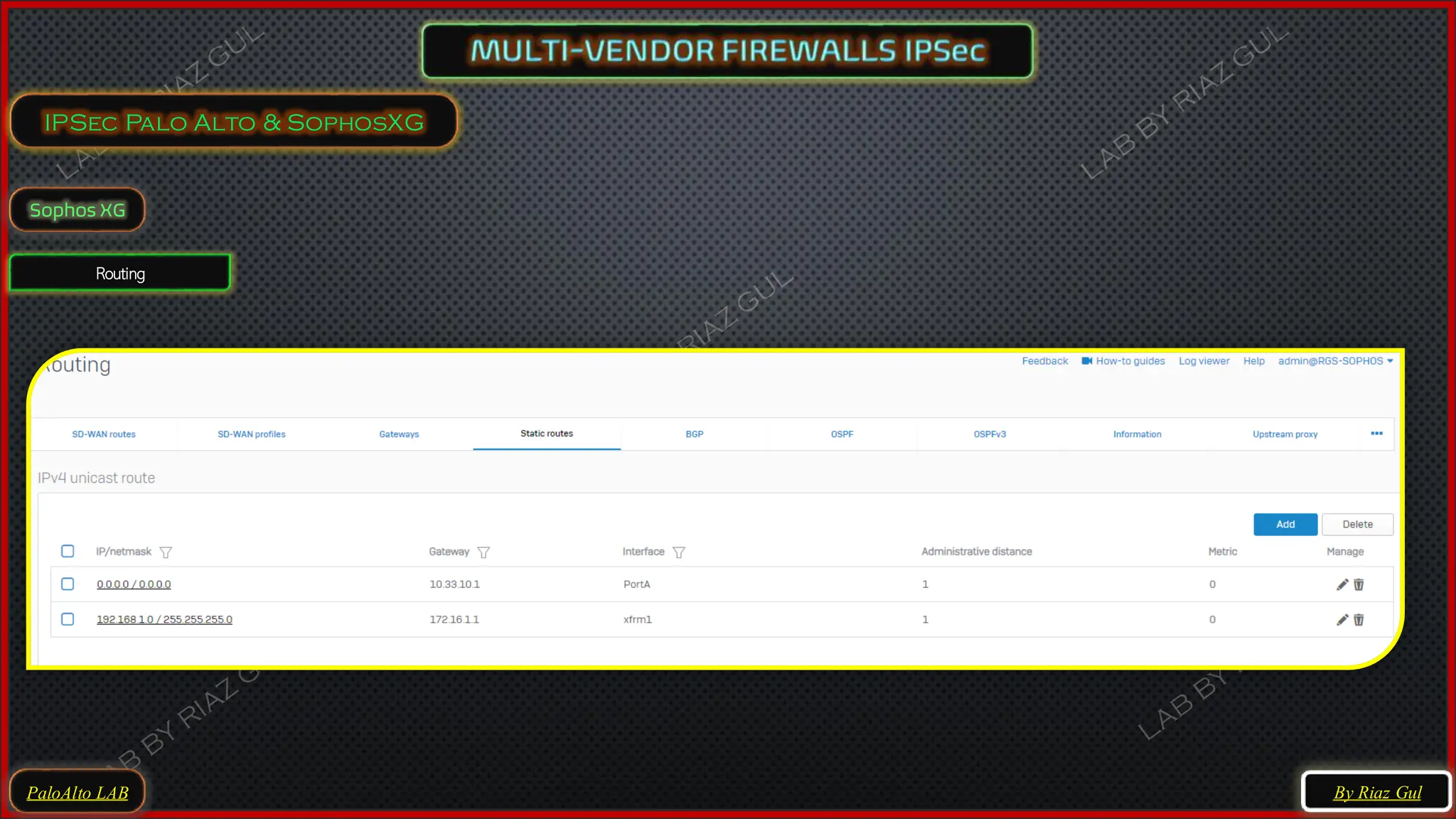PaloAlto LAB
IPSec Palo Alto & SophosXG
By Riaz Gul
Sophos XG
Routing
 