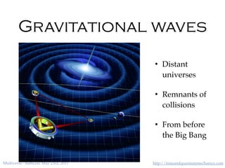 http://timeandquantummechanics.comMultiverse - Balticon, May 23rd, 2015
Gravitational waves
• Distant
universes
• Remnants of
collisions
• From before
the Big Bang
 