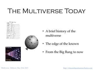 http://timeandquantummechanics.comMultiverse - Balticon, May 23rd, 2015
The Multiverse Today
• A brief history of the
multiverse
• The edge of the known
• From the Big Bang to now
 