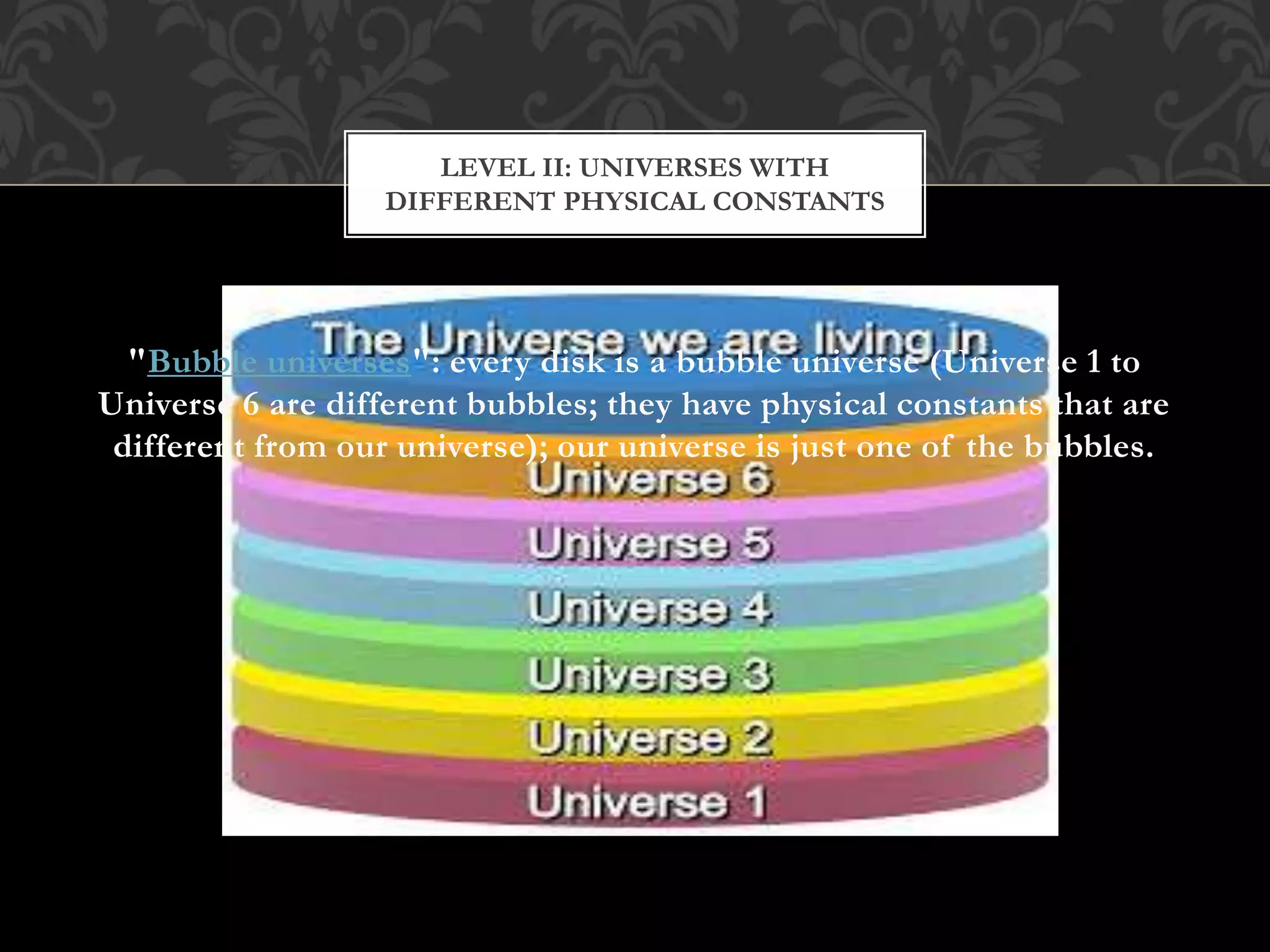 "Bubble universes": every disk is a bubble universe (Universe 1 to
Universe 6 are different bubbles; they have physical constants that are
different from our universe); our universe is just one of the bubbles.
LEVEL II: UNIVERSES WITH
DIFFERENT PHYSICAL CONSTANTS
 