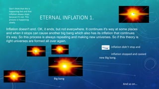 ETERNAL INFLATION 1.
Inflation doesn't end. OK, it ends, but not everywhere. It continues it's way at some places
and when it stops can cause another big bang which also has its inflation that continues
it's way. So this process is always repeating and making new universes. So if this theory is
right universes are formed all over again.
Big bang
And so on...
inflation didn’t stop and
inflation stopped and caused
new Big bang.
Don’t think that this is
happening fast and that
inflation always stops
because it’s not. This
process is happening
slowly.
 
