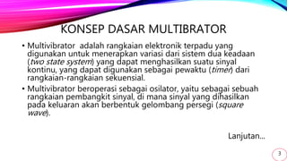 KONSEP DASAR MULTIBRATOR
• Multivibrator adalah rangkaian elektronik terpadu yang
digunakan untuk menerapkan variasi dari sistem dua keadaan
(two state system) yang dapat menghasilkan suatu sinyal
kontinu, yang dapat digunakan sebagai pewaktu (timer) dari
rangkaian-rangkaian sekuensial.
• Multivibrator beroperasi sebagai osilator, yaitu sebagai sebuah
rangkaian pembangkit sinyal, di mana sinyal yang dihasilkan
pada keluaran akan berbentuk gelombang persegi (square
wave).
Lanjutan...
3
 