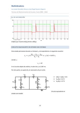 Multivibradores
Luis Javier González Alonso y José Ángel Gaviero Higuera
Técnicas de Mantenimiento de Circuitos. Curso 2009 – 2010
12
Q2 EN SATURACIÓN
Gráfica que muestra IC(Q2) frente a IB(Q2)
CIRCUITO EQUIVALENTE EN ESTADO CASI ESTABLE
Este estado permanece durante un tiempo ta, correspondiente a la siguiente ecuación:
𝑡 𝑎 = 𝜏1 𝑙𝑛
2𝑉𝑐𝑐 − 𝑉𝑐𝑒𝑠 − 𝑉𝑏𝑒𝑠
𝑉𝑐𝑐 − 𝑉𝑎
≅ 𝜏1 𝑙𝑛2 = 0.693 𝜏1
siendo τ1 :
𝜏1 = 𝑅𝐶
En el circuito objeto de análisis, el valor de ta es 2.287 ms.
Por otra parte, se supone Q1 en saturación y Q2 en corte.
 Ic(Q2) = Ib(Q2) = 0 A
 Vce(Q1) = 0.2 V
 Vbe(Q1) = 0.7 V
Circuito equivalente en
estado casi estable.
 