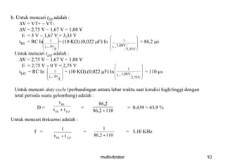 multivibrator 10
b. Untuk mencari tHI adalah :
ΔV = VT+ − VT-
ΔV = 2,75 V − 1,67 V = 1,08 V
E = 5 V − 1,67 V = 3,33 V
tHI = RC ln = (10 KΩ).(0,022 μF) ln = 86,2 μs
Untuk mencari tLO adalah :
ΔV = 2,75 V − 1,67 V = 1,08 V
E = 2,75 V − 0 V = 2,75 V
tLO = RC ln = (10 KΩ).(0,022 μF) ln = 110 μs
Untuk mencari duty cycle (perbandingan antara lebar waktu saat kondisi high/tinggi dengan
total perioda suatu gelombang) adalah :
D = = = 0,439 = 43,9 %
Untuk mencari frekuensi adalah :
f = = = 5,10 KHz
⎟⎟
⎟
⎠
⎞
⎜⎜
⎜
⎝
⎛
−
E
Δv1
1
⎟
⎟
⎟
⎠
⎞
⎜
⎜
⎜
⎝
⎛
−
3,33V
1,08V1
1
⎟⎟
⎟
⎠
⎞
⎜⎜
⎜
⎝
⎛
−
E
Δv1
1
⎟
⎟
⎟
⎠
⎞
⎜
⎜
⎜
⎝
⎛
−
2,75V
1,08V1
1
LOHI
HI
tt
t
+ 11086,2
86,2
+
LOHI tt
1
+ 11086,2
1
+
 