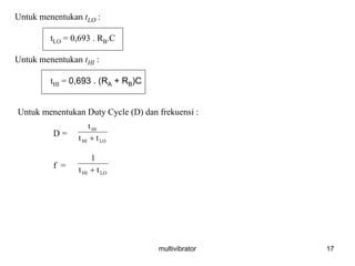 multivibrator 17
Untuk menentukan tLO :
tLO = 0,693 . RB.C
Untuk menentukan tHI :
tHI = 0,693 . (RA + RB)C
Untuk menentukan Duty Cycle (D) dan frekuensi :
D =
f =
LOHI
HI
tt
t
+
LOHI tt
1
+
 