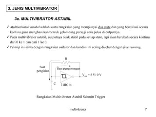 multivibrator 7
Multivibrator astabil adalah suatu rangkaian yang mempunyai dua state dan yang berosilasi secara
kontinu guna menghasilkan bentuk gelombang persegi atau pulsa di outputnya.
Pada multivibrator astabil, outputnya tidak stabil pada setiap state, tapi akan berubah secara kontinu
dari 0 ke 1 dan dari 1 ke 0.
Prinsip ini sama dengan rangkaian osilator dan kondisi ini sering disebut dengan free running.
3. JENIS MULTIVIBRATOR
3a. MULTIVIBRATOR ASTABIL
Saat
pengisian
Saat pengosongan
Vout = 5 V/ 0 V
R
C 74HC14
Rangkaian Multivibrator Astabil Schmitt Trigger
 
