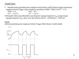 multivibrator 9
Contoh Soal :
a. Buatlah bentuk gelombang dari rangkaian multivibrator astabil Schmitt trigger berdasarkan
rangkaian Scmitt Trigger yang mempunyai spesifikasi CMOS 74HC14 (VCC = 5 V).
VOH = 5 V, VOL = 0 V
VT+ = 2,75 V, VT- = 1,67 V
b.Hitunglah waktu yang dibutuhkan saat pengisian tegangan kapasitor (tHI), pengosongan
tegangan kapasitor (tLO), duty cycle dan rekuensi jika R = 10 KΩ dan C = 0,022 μF.
Jawab:
a.Bentuk gelombang dari rangkaian Schmitt Trigger Multivibrator Astabil adalah :
0 V
1,67 V
2,75 V
5 V
5 V
0 V
Vout
Vkap
tHI
tLO
tLO
 
