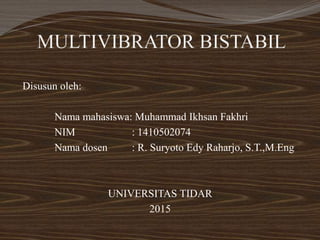 Disusun oleh:
Nama mahasiswa: Muhammad Ikhsan Fakhri
NIM : 1410502074
Nama dosen : R. Suryoto Edy Raharjo, S.T.,M.Eng
UNIVERSITAS TIDAR
2015
 