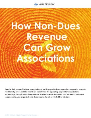 Written By: Shawn Smajstrla
Senior Content Specialist
© 2016 MultiView. All Rights nondues revenue Reserved.
How Non-Dues
Revenue
Can Grow
Associations
Despite their nonprofit status, associations – just like any business – require revenue to operate.
Traditionally, dues paid by members constituted the operating capital for associations.
Increasingly, though, non-dues revenue has become an important and necessary means of
supplementing an organization’s dues income to allow it to fulfill its mission.
 