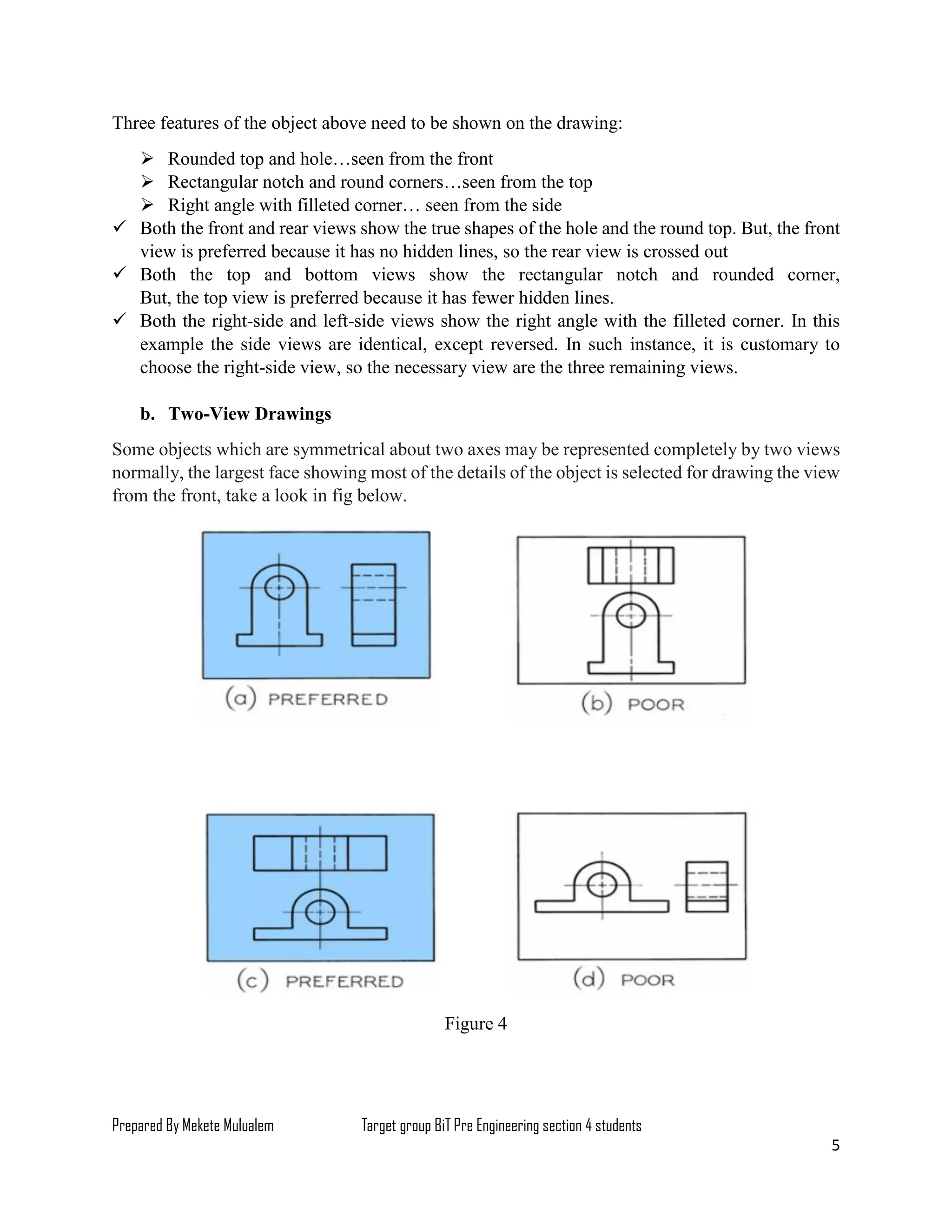 Prepared By Mekete Mulualem Target group BiT Pre Engineering section 4 students
5
Three features of the object above need to be shown on the drawing:
 Rounded top and hole…seen from the front
 Rectangular notch and round corners…seen from the top
 Right angle with filleted corner… seen from the side
 Both the front and rear views show the true shapes of the hole and the round top. But, the front
view is preferred because it has no hidden lines, so the rear view is crossed out
 Both the top and bottom views show the rectangular notch and rounded corner,
But, the top view is preferred because it has fewer hidden lines.
 Both the right-side and left-side views show the right angle with the filleted corner. In this
example the side views are identical, except reversed. In such instance, it is customary to
choose the right-side view, so the necessary view are the three remaining views.
b. Two-View Drawings
Some objects which are symmetrical about two axes may be represented completely by two views
normally, the largest face showing most of the details of the object is selected for drawing the view
from the front, take a look in fig below.
Figure 4
 