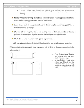 BY: INSTRUCTOR DAWIT WAMI NEGERA (MSC.) 5
NOTE ON MULTI VIEW DRAWING 2021/2013E.C
 Leaders – direct notes, dimensions, symbols, part numbers, etc. to features on
drawing.
Cutting-Plane and Viewing - Plane Lines – indicate location of cutting planes for sectional
views and the viewing position for removed partial views.
Break Lines – indicate only portion of object is drawn. May be random “squiggled” line or
thin dashes joined by zigzags.
Phantom Lines – long thin dashes separated by pairs of short dashes indicate alternate
positions of moving parts, adjacent position of related parts and repeated detail
Chain Line – Lines or surfaces with special requirements.
 Visible object line dominates all others. Object hidden line has precedence than center line.
When two hidden lines cross each other, precedence will be given for the more closure line. Refer
label number 1.
♠ From this multi view drawing
we observe how we label
multi view drawings.
♠ In numbering views, near
points are labeled on the
outside of the view and away
points are labeled inside the
view.
1 2
3 4
4
3
1 2
 