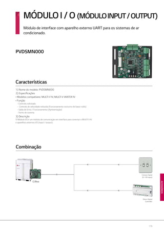 179
ACESSÓRIOS
PVDSMN000
1) Nome do modelo: PVDSMN000
2) Especificações
• Modelos compatíveis: MULTI V IV, MULTI V WATER IV
• Função
- Controlo solicitado
- Controlo de velocidade reduzida (Funcionamento nocturno de baixo ruído)
- Saída de Erros / Funcionamento (Apresentação)
- Fecho de sistema
3) Descrição
O Módulo I/O é um módulo de comunicação em interface para conectar o MULTI V IV
e aparelhos externos I/O (input / output).
Características
MÓDULOI / O (MÓDULOINPUT/OUTPUT)
Módulo de interface com aparelho externo UART para os sistemas de ar
condicionado.
Direct Digital
Controller
Combinação
C/Box
Contact Signal
(0~10V input)
 