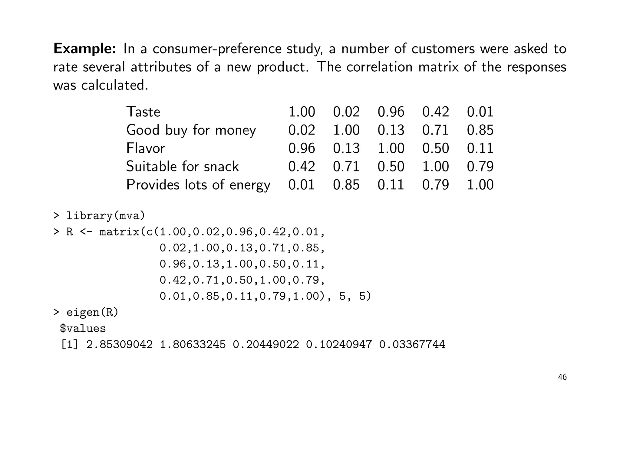 Example: In a consumer-preference study, a number of customers were asked to
rate several attributes of a new product. The correlation matrix of the responses
was calculated.
Taste 1.00 0.02 0.96 0.42 0.01
Good buy for money 0.02 1.00 0.13 0.71 0.85
Flavor 0.96 0.13 1.00 0.50 0.11
Suitable for snack 0.42 0.71 0.50 1.00 0.79
Provides lots of energy 0.01 0.85 0.11 0.79 1.00
> library(mva)
> R <- matrix(c(1.00,0.02,0.96,0.42,0.01,
0.02,1.00,0.13,0.71,0.85,
0.96,0.13,1.00,0.50,0.11,
0.42,0.71,0.50,1.00,0.79,
0.01,0.85,0.11,0.79,1.00), 5, 5)
> eigen(R)
$values
[1] 2.85309042 1.80633245 0.20449022 0.10240947 0.03367744
46
 