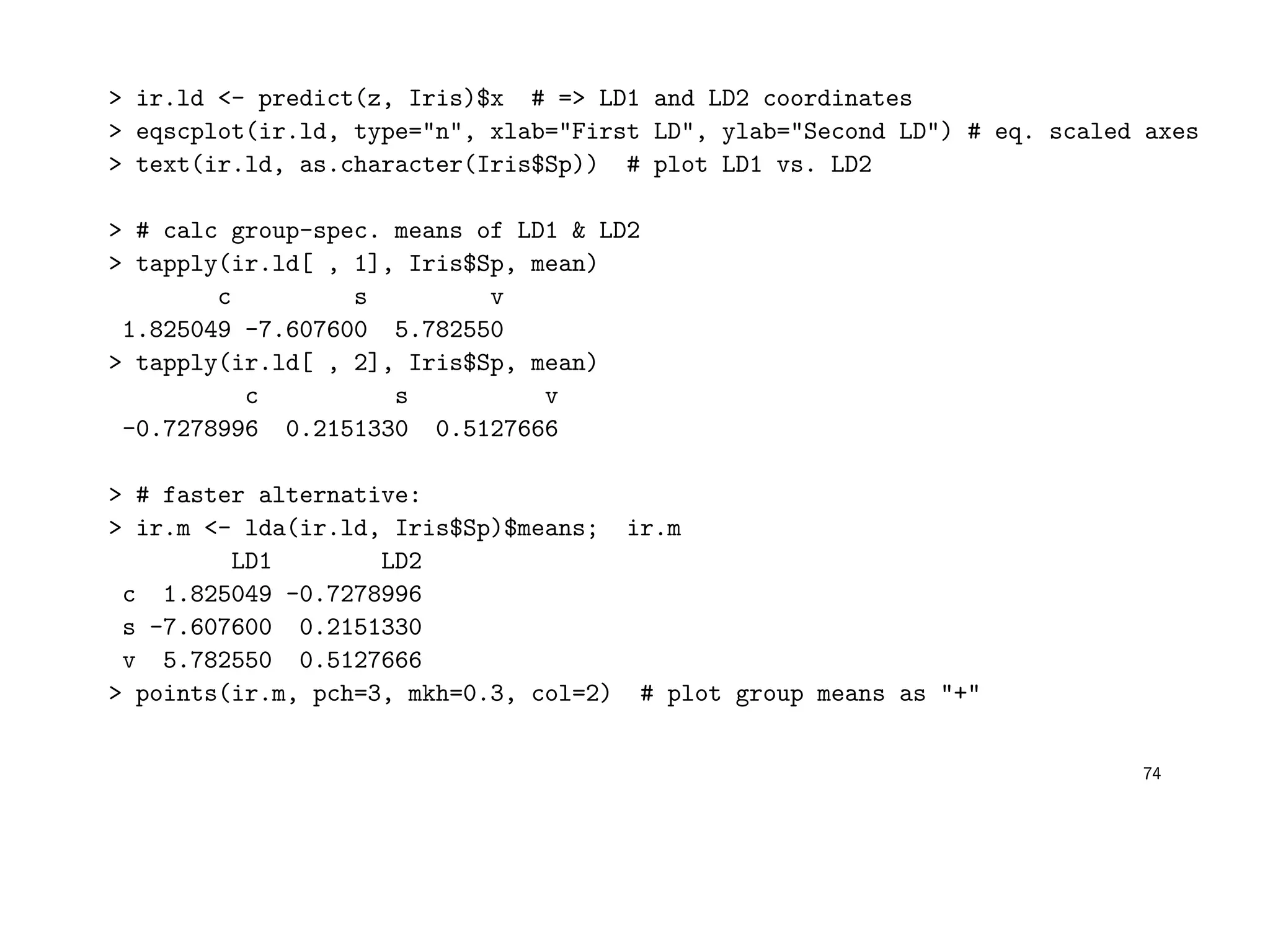 > ir.ld <- predict(z, Iris)$x # => LD1 and LD2 coordinates
> eqscplot(ir.ld, type="n", xlab="First LD", ylab="Second LD") # eq. scaled axes
> text(ir.ld, as.character(Iris$Sp)) # plot LD1 vs. LD2
> # calc group-spec. means of LD1 & LD2
> tapply(ir.ld[ , 1], Iris$Sp, mean)
c s v
1.825049 -7.607600 5.782550
> tapply(ir.ld[ , 2], Iris$Sp, mean)
c s v
-0.7278996 0.2151330 0.5127666
> # faster alternative:
> ir.m <- lda(ir.ld, Iris$Sp)$means; ir.m
LD1 LD2
c 1.825049 -0.7278996
s -7.607600 0.2151330
v 5.782550 0.5127666
> points(ir.m, pch=3, mkh=0.3, col=2) # plot group means as "+"
74
 