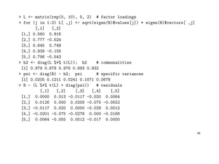 > L <- matrix(rep(0, 10), 5, 2) # factor loadings
> for (j in 1:2) L[ ,j] <- sqrt(eigen(R)$values[j]) * eigen(R)$vectors[ ,j]
[,1] [,2]
[1,] 0.560 0.816
[2,] 0.777 -0.524
[3,] 0.645 0.748
[4,] 0.939 -0.105
[5,] 0.798 -0.543
> h2 <- diag(L %*% t(L)); h2 # communalities
[1] 0.979 0.879 0.976 0.893 0.932
> psi <- diag(R) - h2; psi # specific variances
[1] 0.0205 0.1211 0.0241 0.1071 0.0678
> R - (L %*% t(L) + diag(psi)) # residuals
[,1] [,2] [,3] [,4] [,5]
[1,] 0.0000 0.013 -0.0117 -0.020 0.0064
[2,] 0.0126 0.000 0.0205 -0.075 -0.0552
[3,] -0.0117 0.020 0.0000 -0.028 0.0012
[4,] -0.0201 -0.075 -0.0276 0.000 -0.0166
[5,] 0.0064 -0.055 0.0012 -0.017 0.0000
48
 