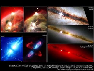 Credit: NASA, the NICMOS Group (STScI, ESA), and the NICMOS Science Team (University of Arizona), H. Ford (JHU),
G. Illingworth (UCSC/LO), M.Clampin (STScI), G. Hartig (STScI), the ACS Science Team,
The Hubble Heritage Team (STScI/AURA) and ESA
 