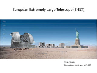 European Extremely Large Telescope (E-ELT)
Operation start aim at 2018
37m mirror
 