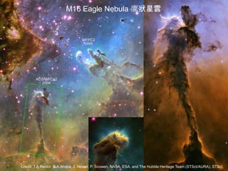 Credit: T.A.Rector, B.A.Wolpa, J. Hester, P. Scowen, NASA, ESA, and The Hubble Heritage Team (STScI/AURA), STScI.
M16 Eagle Nebula 鷹狀星雲
 
