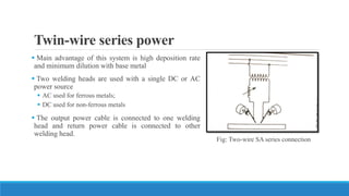 Twin-wire series power
 Main advantage of this system is high deposition rate
and minimum dilution with base metal
 Two welding heads are used with a single DC or AC
power source
 AC used for ferrous metals;
 DC used for non-ferrous metals
 The output power cable is connected to one welding
head and return power cable is connected to other
welding head.
Fig: Two-wire SA series connection
 