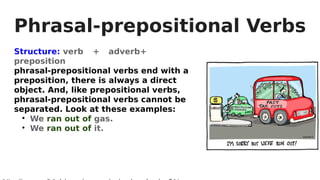 Phrasal-prepositional Verbs
Structure: verb + adverb+
preposition
phrasal-prepositional verbs end with a
preposition, there is always a direct
object. And, like prepositional verbs,
phrasal-prepositional verbs cannot be
separated. Look at these examples:

We ran out of gas.

We ran out of it.
 