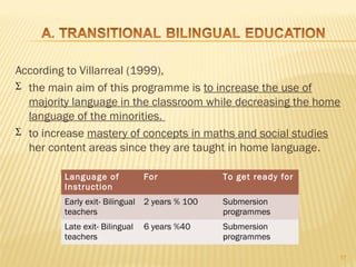 According to Villarreal (1999),
∑ the main aim of this programme is to increase the use of

  majority language in the classroom while decreasing the home
  language of the minorities.
∑ to increase mastery of concepts in maths and social studies

  her content areas since they are taught in home language.

         Language of            For            To get ready for
         Instruction
         Early exit- Bilingual 2 years % 100   Submersion
         teachers                              programmes
         Late exit- Bilingual   6 years %40    Submersion
         teachers                              programmes

                                                                  17
 