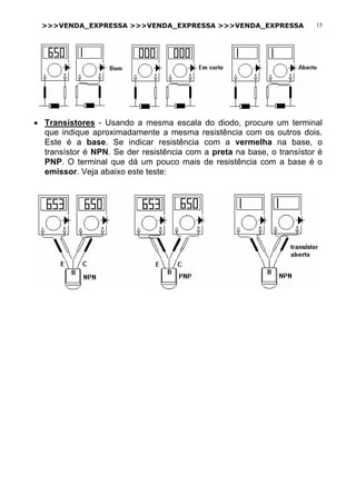 >>>VENDA_EXPRESSA >>>VENDA_EXPRESSA >>>VENDA_EXPRESSA 15
• Transístores - Usando a mesma escala do diodo, procure um terminal
que indique aproximadamente a mesma resistência com os outros dois.
Este é a base. Se indicar resistência com a vermelha na base, o
transístor é NPN. Se der resistência com a preta na base, o transístor é
PNP. O terminal que dá um pouco mais de resistência com a base é o
emissor. Veja abaixo este teste:
 
