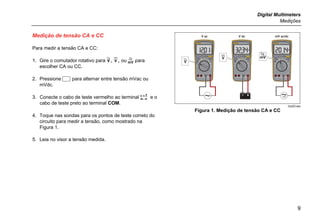 Digital Multimeters
Medições
9
Medição de tensão CA e CC
Para medir a tensão CA e CC:
1. Gire o comutador rotativo para , , ou  para
escolher CA ou CC.
2. Pressione  para alternar entre tensão mVac ou
mVdc.
3. Conecte o cabo de teste vermelho ao terminal e o
cabo de teste preto ao terminal COM.
4. Toque nas sondas para os pontos de teste correto do
circuito para medir a tensão, como mostrado na
Figura 1.
5. Leia no visor a tensão medida.
V ac V dc mV ac/dc
hpq03.eps
Figura 1. Medição de tensão CA e CC
 