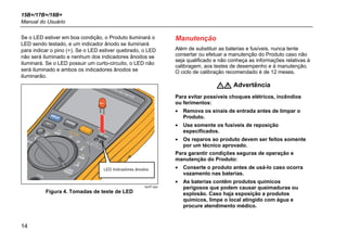 15B+/17B+/18B+
Manual do Usuário
14
Se o LED estiver em boa condição, o Produto iluminará o
LED sendo testado, e um indicador ânodo se iluminará
para indicar o pino (+). Se o LED estiver quebrado, o LED
não será iluminado e nenhum dos indicadores ânodos se
iluminará. Se o LED possuir um curto-circuito, o LED não
será iluminado e ambos os indicadores ânodos se
iluminarão.
hpr07.eps
Figura 4. Tomadas de teste de LED
Manutenção
Além de substituir as baterias e fusíveis, nunca tente
consertar ou efetuar a manutenção do Produto caso não
seja qualificado e não conheça as informações relativas à
calibragem, aos testes de desempenho e à manutenção.
O ciclo de calibração recomendado é de 12 meses.
 Advertência
Para evitar possíveis choques elétricos, incêndios
ou ferimentos:
• Remova os sinais de entrada antes de limpar o
Produto.
• Use somente os fusíveis de reposição
especificados.
• Os reparos ao produto devem ser feitos somente
por um técnico aprovado.
Para garantir condições seguras de operação e
manutenção do Produto:
• Conserte o produto antes de usá-lo caso ocorra
vazamento nas baterias.
• As baterias contêm produtos químicos
perigosos que podem causar queimaduras ou
explosão. Caso haja exposição a produtos
químicos, limpe o local atingido com água e
procure atendimento médico.
 