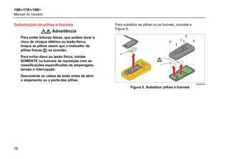 15B+/17B+/18B+
Manual do Usuário
16
Substituição de pilhas e fusíveis
 Advertência
Para evitar leituras falsas, que podem levar a
risco de choque elétrico ou lesão física,
troque as pilhas assim que o indicador de
pilhas fracas () se acender.
Para evitar dano ou lesão física, instale
SOMENTE os fusíveis de reposição com as
classificações especificadas de amperagem,
tensão e interrupção.
Desconecte os cabos de teste antes de abrir
o alojamento ou a porta das pilhas.
Para substituir as pilhas ou os fusíveis, consulte a
Figura 5.
B1
F1
F2
hpq06.eps
Figura 5. Substituir pilhas e fusíveis
 