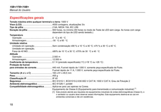 15B+/17B+/18B+
Manual do Usuário
18
Especificações gerais
Tensão máxima entre qualquer terminal e o terra: 1000 V
Visor (LCD) ..................................................4000 contagens, atualizações 3/s
Tipo de pilha ................................................2 AA, NEDA 15A, IEC LR6
Duração da pilha .........................................500 horas, no mínimo (50 horas no modo de Teste de LED sem carga. As horas com carga
dependem do tipo de LED sendo testado.)
Temperatura
Operação ..................................................0 °C a 40 °C
Armazenagem...........................................-30 °C a 60 °C
Umidade relativa
Umidade em operação..............................Sem condensação ≤90 % a 10 °C a 30 °C; ≤75 % a 30 °C a 40 °C
Umidade em operação,
Faixa de 40 MΩ.........................................≤80% de 10 °C a 30 °C; ≤70% de 30 °C a 40 °C
Altitude
Operação ..................................................2.000 m
Armazenagem...........................................12.000 m
Coeficiente de temperatura........................0,1 X (precisão especificada) /°C (<18 °C ou >28 °C)
Proteção de fusível
para entradas de corrente..........................440 mA, Fusível rápido de 1.000 V, somente peça especificada da Fluke.
Fusível rápido de 11 A, 1.000 V, somente peça especificada da Fluke.
Tamanho (A x L x C) ...................................183 x 91 x 49,5 mm
Peso..............................................................455 g
Classificação IP...........................................IP 40
Segurança....................................................IEC 61010-1, IEC61010-2-030 600 V CAT III, 1000 V CAT II, Grau de Poluição 2
Ambiente eletromagnético.........................IEC 61326-1: portátil
Compatibilidade eletromagnética..............Aplica-se para uso apenas na Coreia.
Equipamento de Classe A (Equipamento para transmissão e comunicação industrial)
[1]
[1] Este produto atende aos requisitos de equipamentos industriais de ondas eletromagnéticas (Classe A), e
o vendedor ou usuário deve observar essas informações. Este equipamento destina-se ao uso em
ambientes comerciais e não em residências.
 